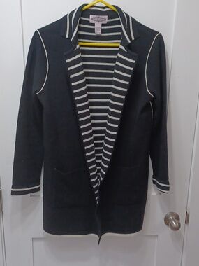 Blazer Style Long Stretchy Knit Sweater Jacket Back Cream Stripes Biz Casual M